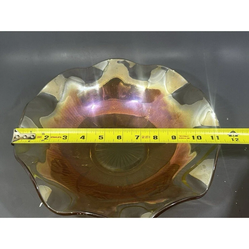 Jeannette Iris & Herringbone Pink Iridescent Footed Bowl Carnival Glass Vintage